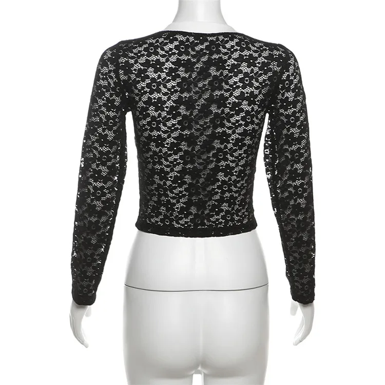 Lace See Though Two Piece Sets Women V Neck Long Sleeve Slim Top and Short Pants Outfits