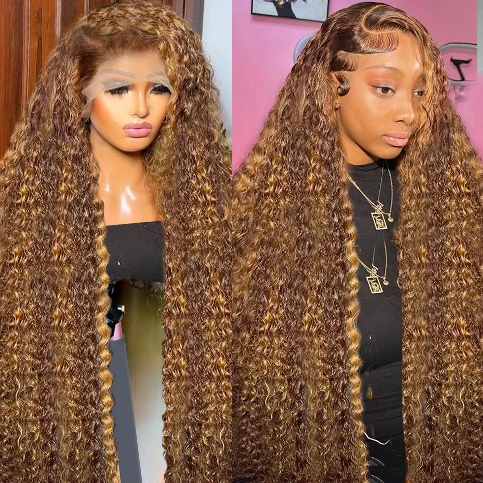 250 Densitet 13x6 HD Lace Highlights Peruk Äkta Hår Limfri Lockigt Honungsblond Vattenvågigt Djupt Frontalt_voghion.com