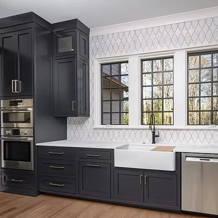 Customize Waterfall Counter Top Solid Wood Dovetail Drawer Kitchen Cupboard Kitchen Cabinet