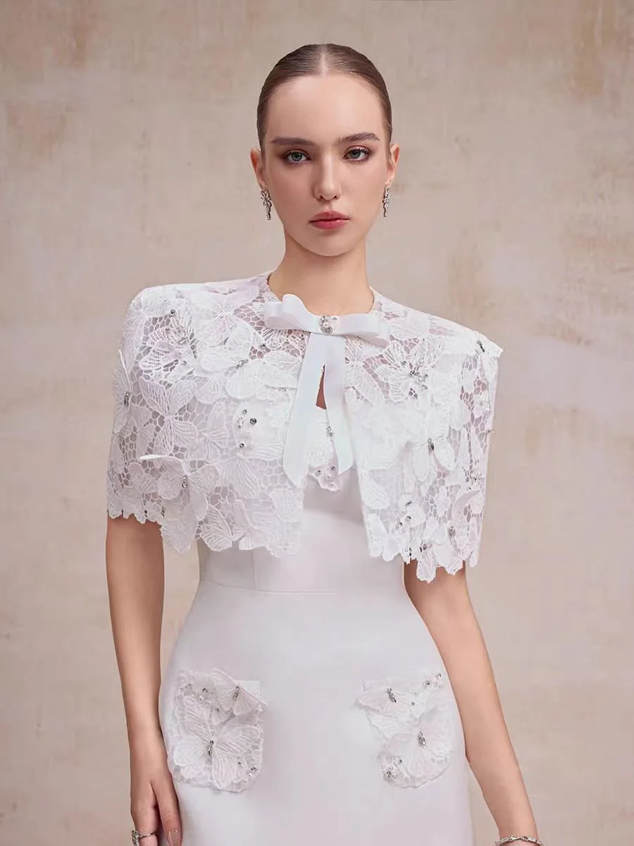 Elegant lace butterfly short dress, Vietnamese niche design slimming dress for womens