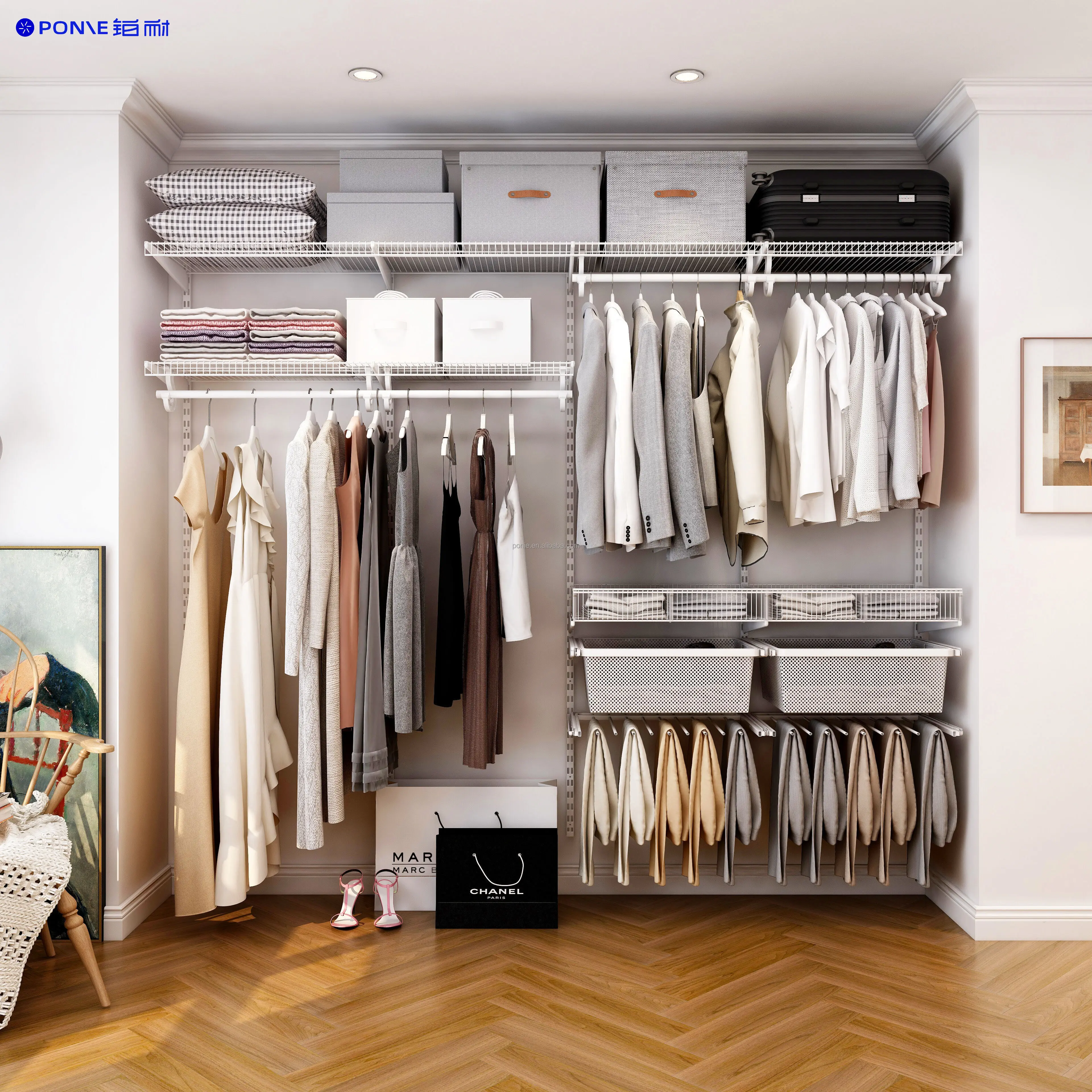 2,5m Modernes Schlafzimmer-stahl-kleiderschranksystem Mit Offener Garderobe,Begehbarem Kleiderschrank,Mdf-türen,Vormontierten Schubladen,Körben Und Wandmontage Zum Aufhängen