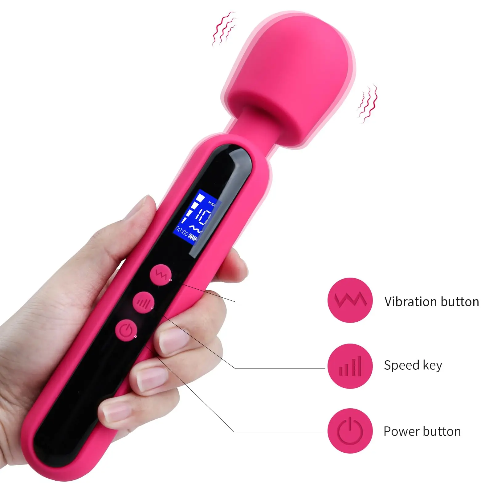 Rose Red Powerful Massage Tool Quiet Motor Percussion Cordless Wand Handheld Massager Vibrator Women Adult Sex Toys with Display