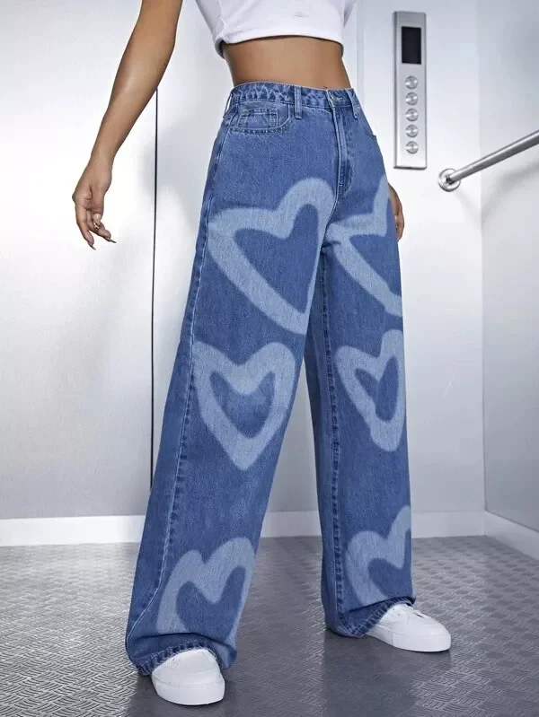 High Waist Heart Print Washed Wide Leg Jeans Vintage Jeans High Quality Loose Straight Jeans