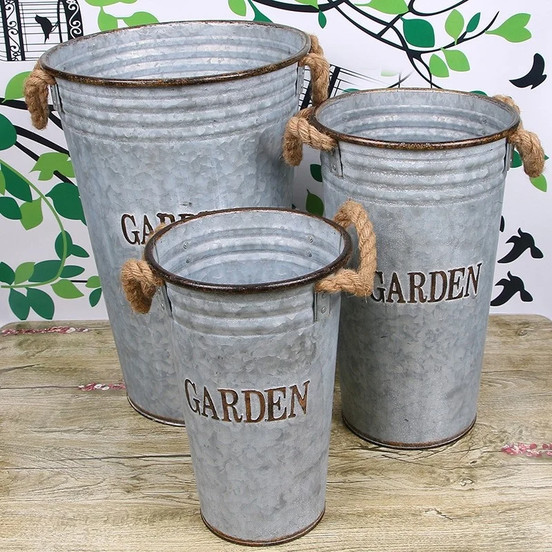 Decorative Galvanized Tall Garden Metal Vintage Flower Vase Pot for Home Decor