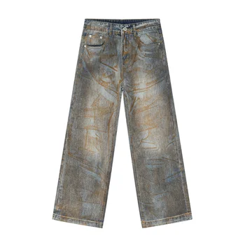 Denim Jeans Men Women Private Custom High Quality Straight Leg Street Wear Vintage Wash Dirty Mud Paint Splatters Trousers