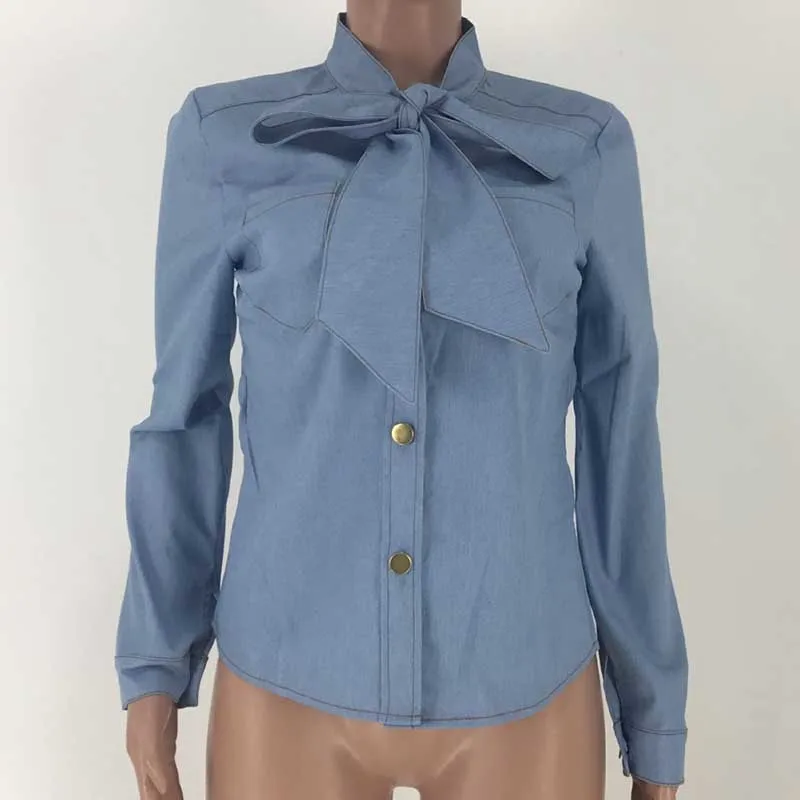 Womens Bow Tie Neck Denim Shirts - Perfect Office Blouses