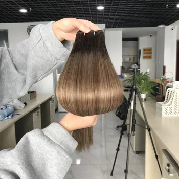 Highlights Brown Color Straight Hand Tied Weft Hair Weaving Cuticle Aligned Single Weft Tape In Hair Extensions