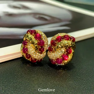 GEMLOVE 7.66CT Ruby Stud Earrings - 18K Gold Luxury Women's Anniversary Gift
