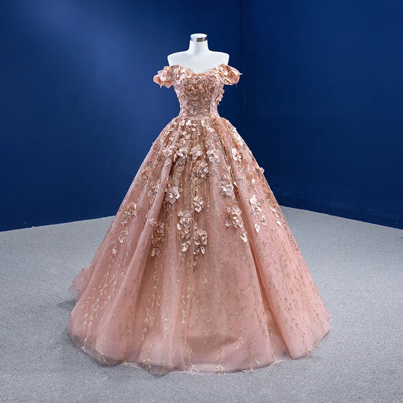 Wholesale Price Gorgeous Crystal Glitter Puffy 3D Flower Lace Applique Pink  Prom Dress With Detachable Cape