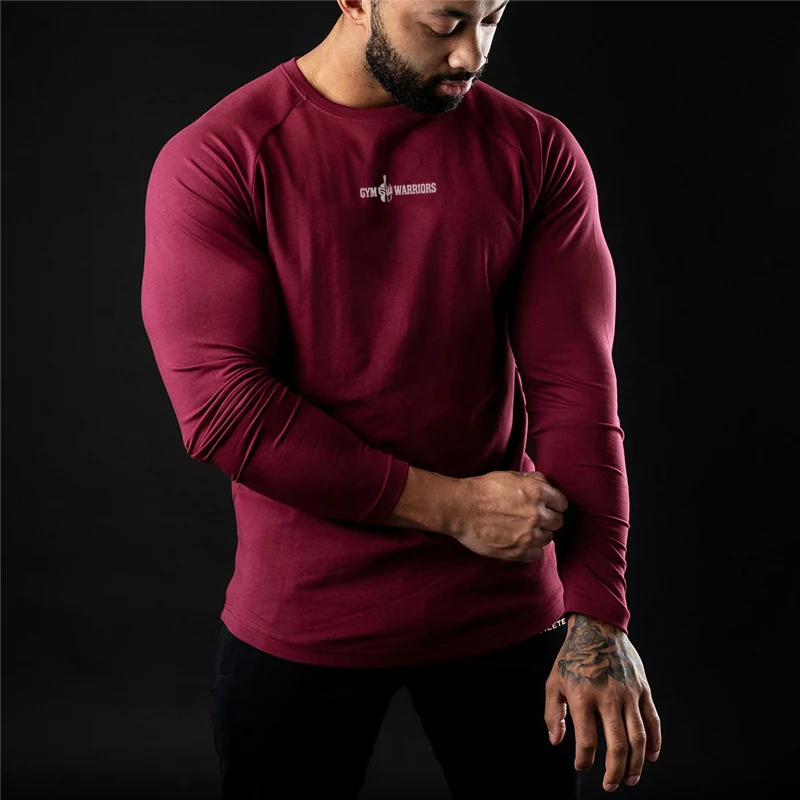 Cotton Elastane Muscle Slim Fit Crewneck Custom Factory Support Wholesale Gym Fitness Clothing Mens Long Sleeve T Shirt