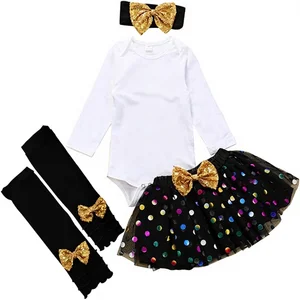 Newborn Baby Girls New Year Outfit Long Sleeve Romper Black Mesh Tulle Tutu Skirt Legging Warms Set X100 China