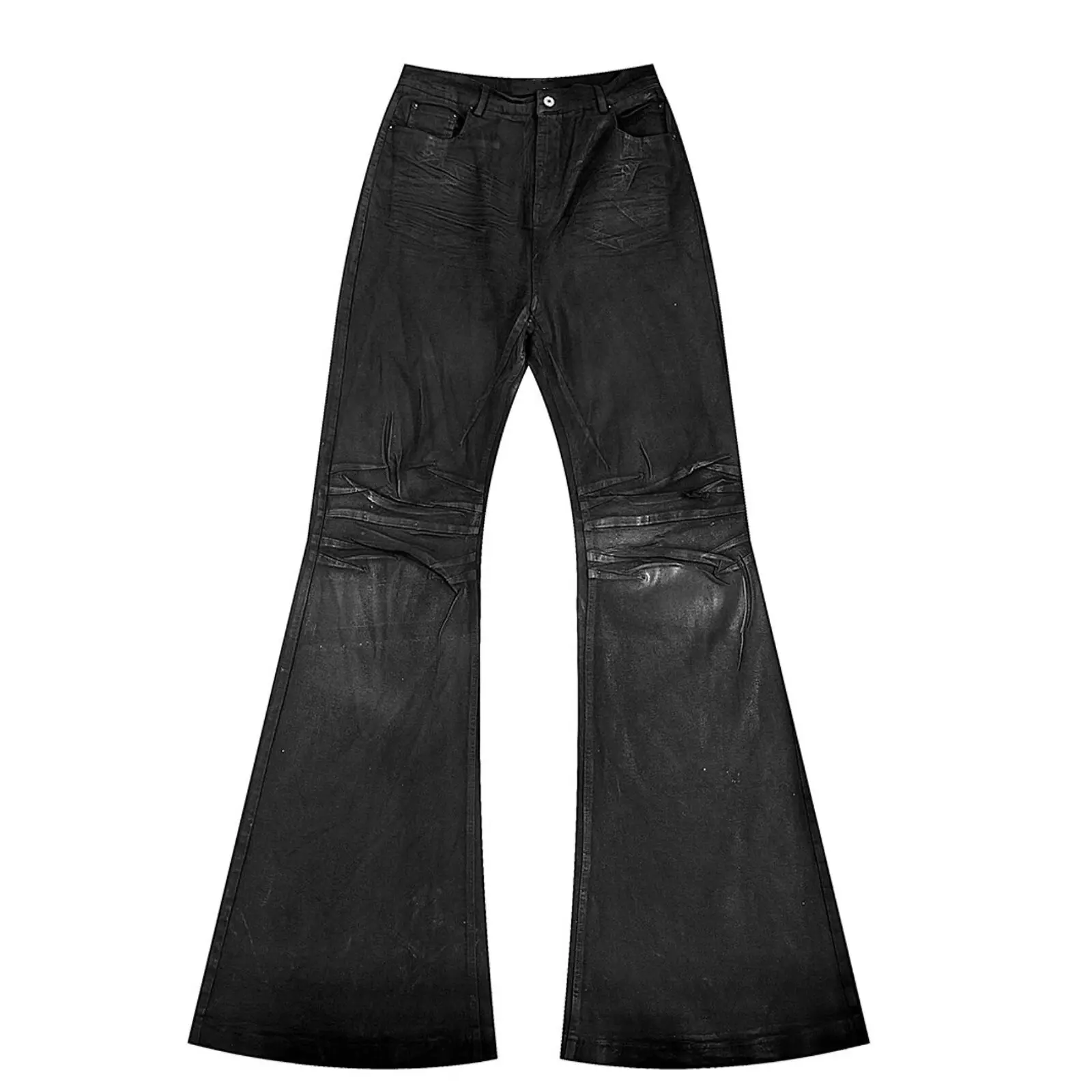 American High Street Vibe Style Niche Handmade Washed Denim Brushed Wax Coating Slim Flared Stretchy Straight Trousers Men