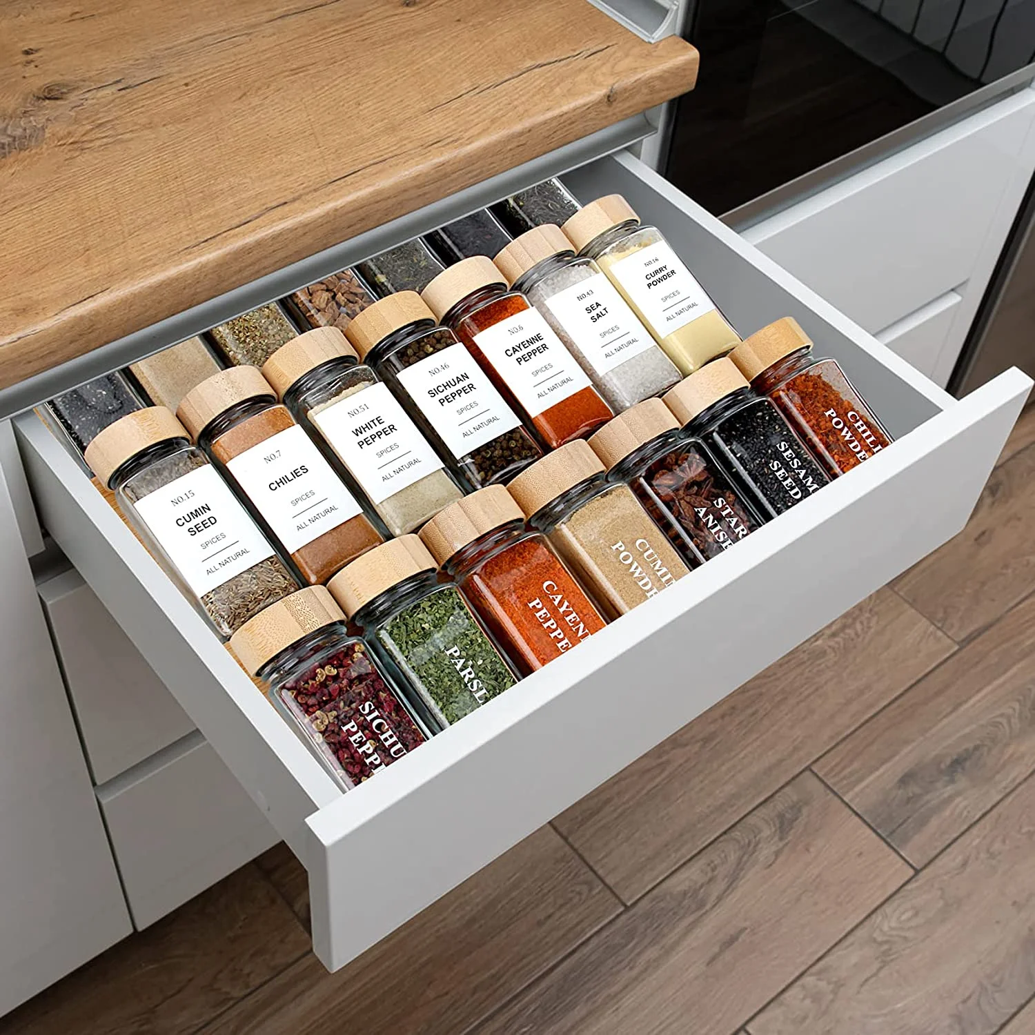Spice Jars With Labels 4 Oz Glass Spice Jars With Bamboo Lids Seasoning Storage Bottles for Spice Rack Cabinet
