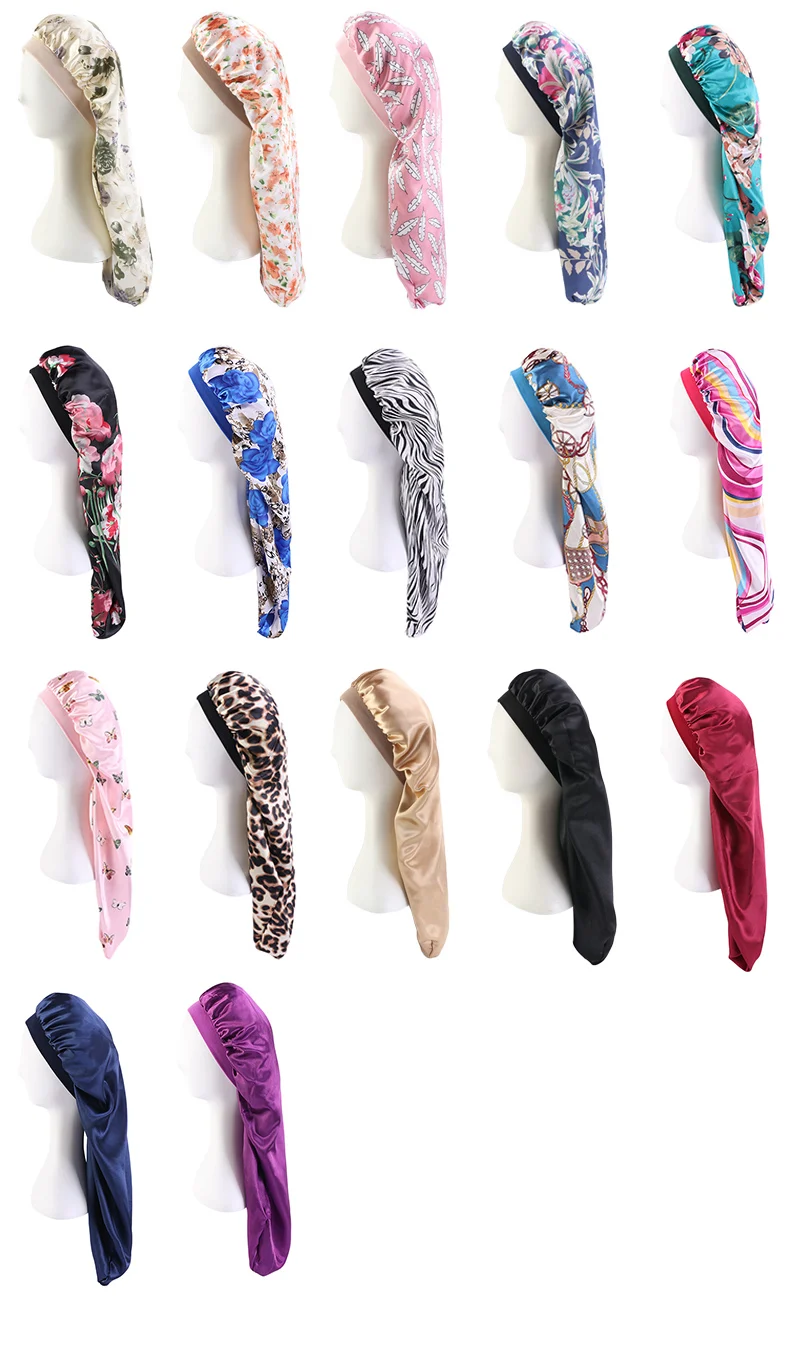 Factory OEM Turban Head Wrap Stretch Elastic Hair Band Sleep Cap Long Satin Hair Bonnet Dreadlock Caps