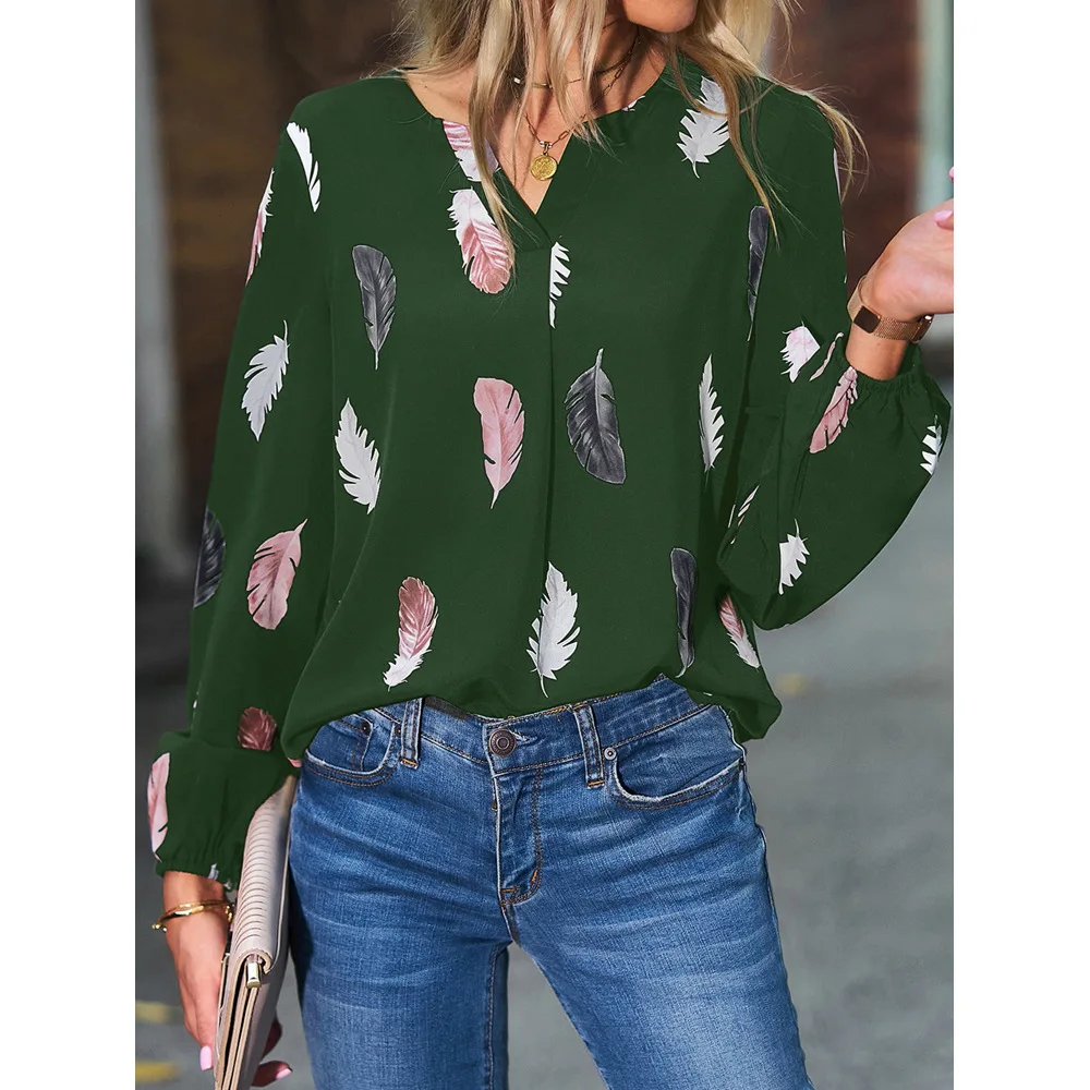 Shop Spring/summer V-Neck Feather Print Bat Sleeve T-shirts