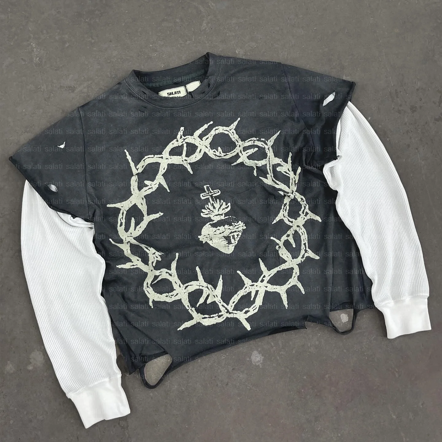 Custom Screen Print T-Shirt Vintage Cotton Ripped Double Layer Long Waffle Sleeve Top Distressed Stone Acid Wash T Shirt for Men gallery 3