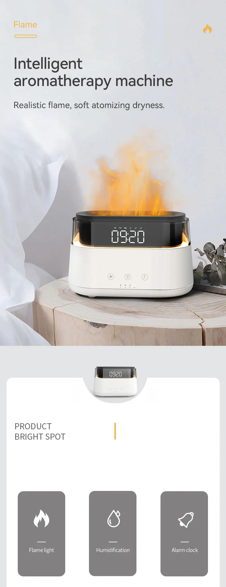 New Design Led Alarm Clock Essential Oil Diffuser Simulation Flame