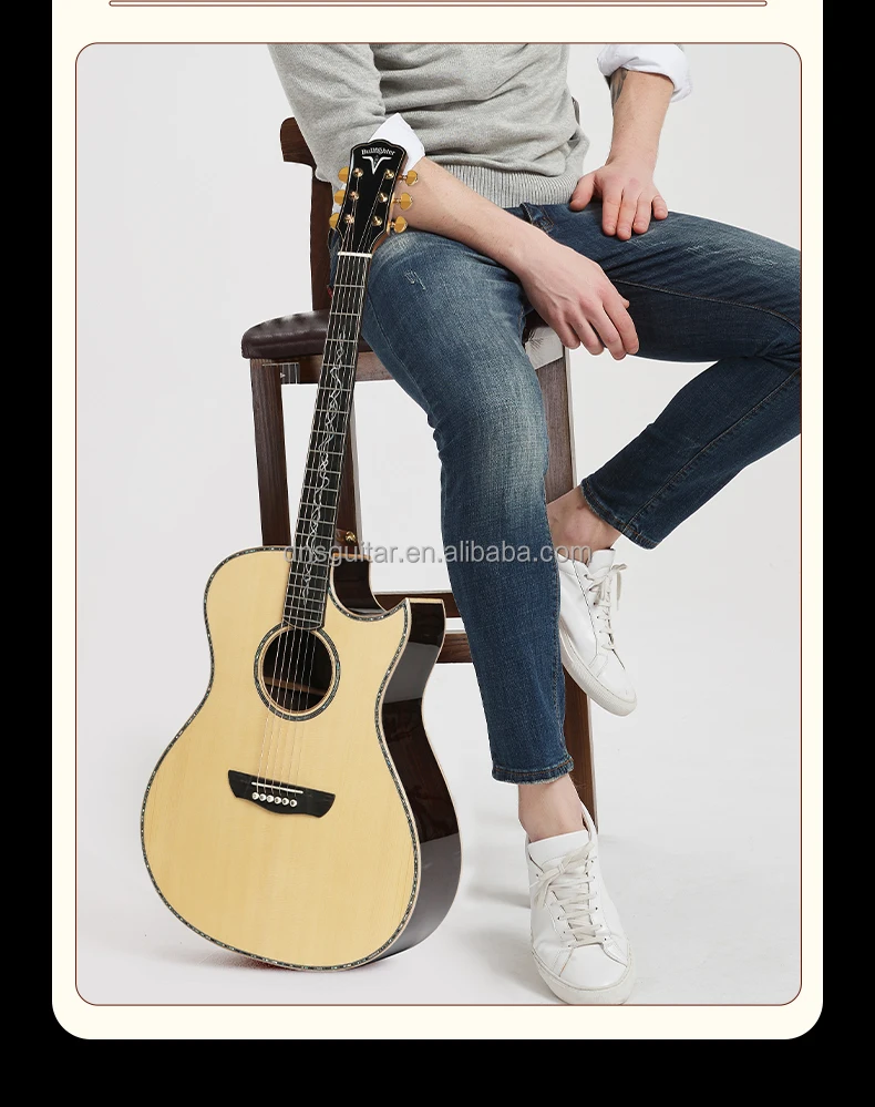 OEM Sitka-Fichtenholz Massivholz-Akustikgitarre Handgefertigte Einlegearbeit Perlmutt-Ebenholz-Griffbrett Gitarre Akustikgitarre Vollmassive Gitarre Mit Tasche – Detail 9