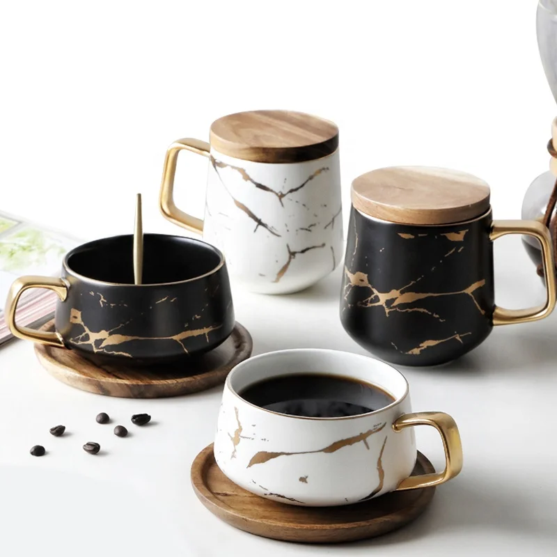 200ml Luxury Marble Ceramic Coffee Cups And Saucers Set With Gold