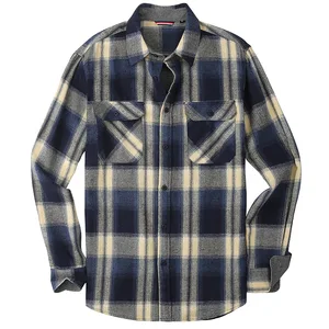 European American Casual Flannel Long Sleeve Shirt for Men Ground Large Plaid Double Pocket Spring Season Anti-Wrinkle Twill