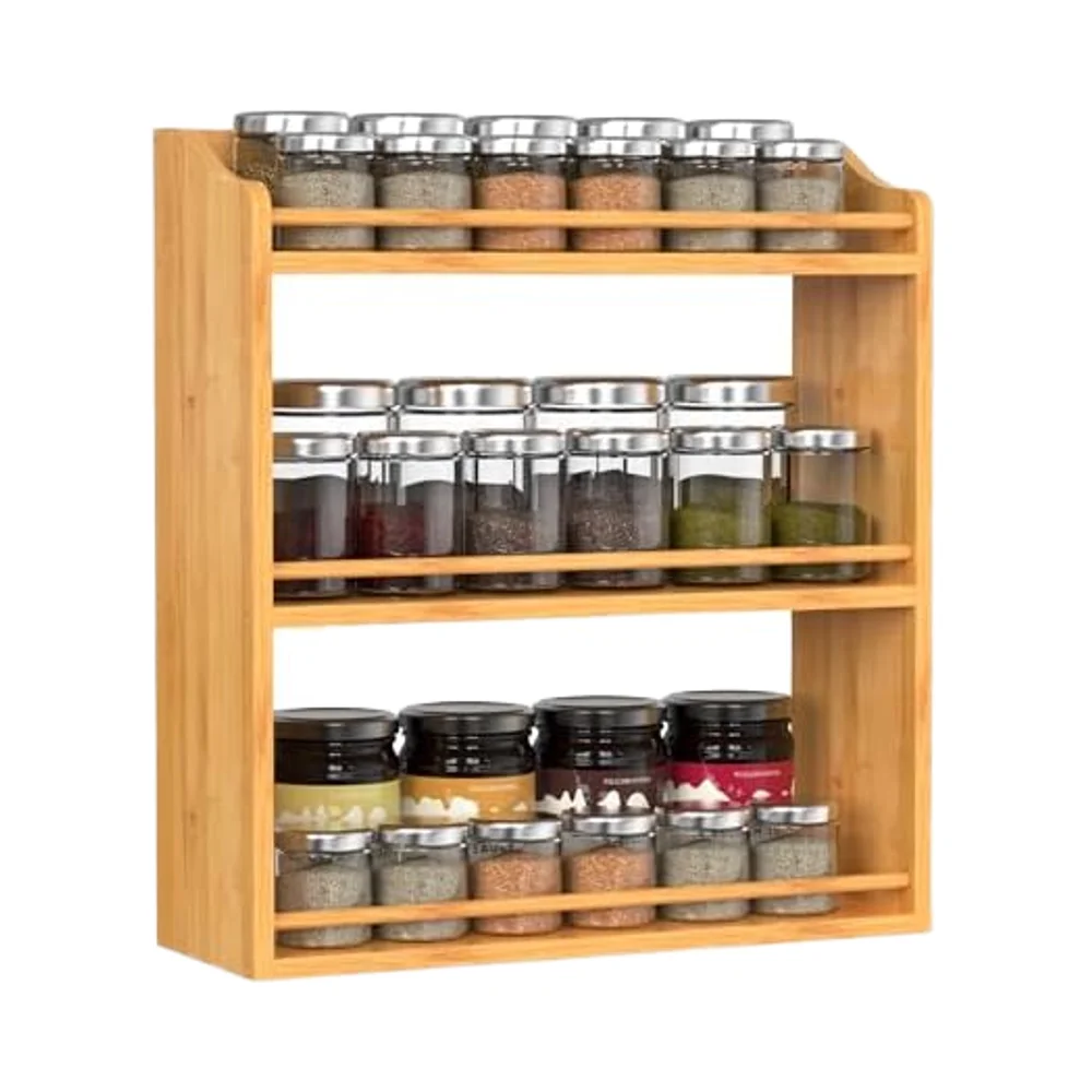 Modern 3-Tier Bamboo Spice Rack Organizer Kitchen Countertop or Wall Mounting Spice Jars Shelf