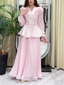 Nude Pink Ruffled Peplum Blazer & Pleated Maxi Skirt Elegant Set