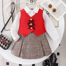Autumn Girls' New Suit with Solid Pattern Vest Plaid Pleated Skirt Shirt Base
