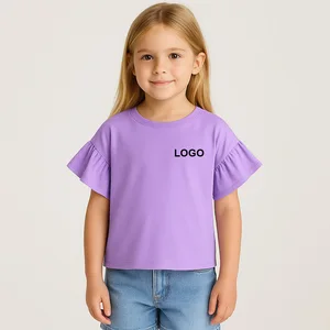 Wholesale Girls Ruffle Sleeve T-Shirt Soft Cotton Summer Top Custom Logo Printing Casual Short Sleeve Tee for Kids 2-8 Years