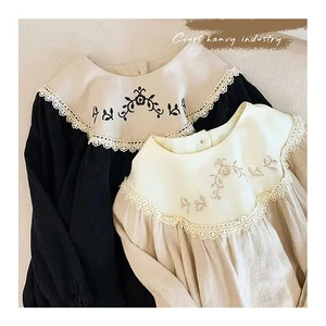 YOEHYAUL 6536 Factory Wholesale Linen Embroidery Toddler Girls Dresses Custom White / Black Long Sleeve Baby Girl Dress for Kids