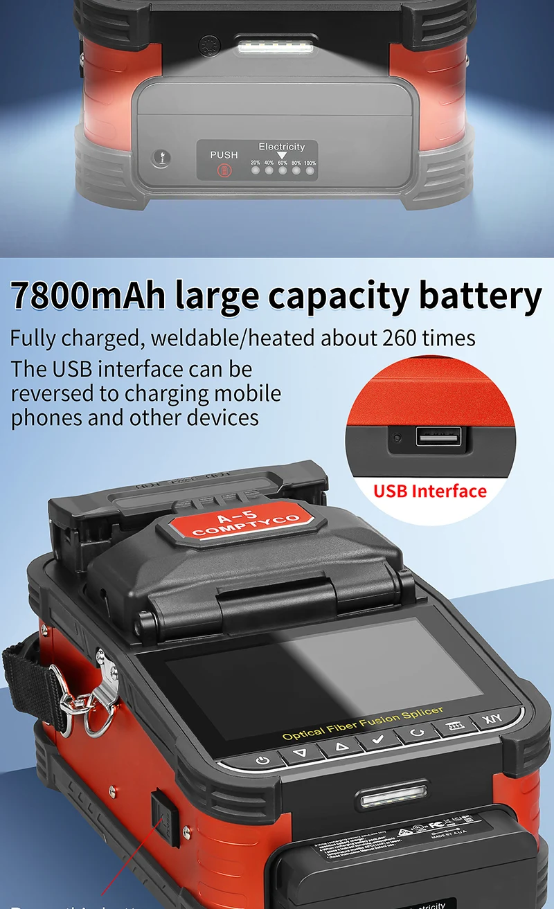 COMPTYCO A-5 Optical Fiber Welding Machine with OPM/VFL Touchscreen Fusion Splicer Machine 7800mAh Fiber Optic Fusion Splicer factory