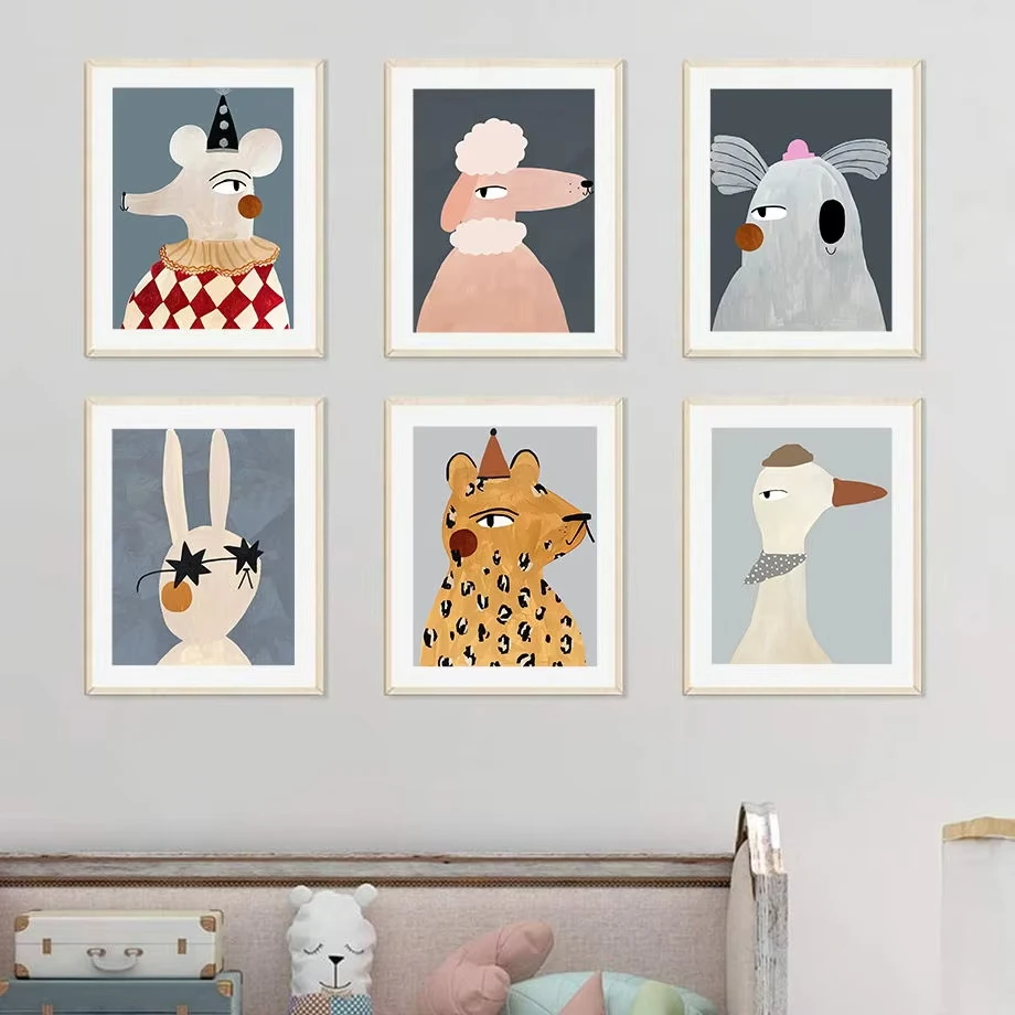 Cartoon Mouse Rabbit Duck Leopard Sheep Pig Poster Nordic Wall Art Print Canvas Painting Nursery Pictures for Baby Bedroom Decor