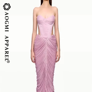 High-End Luxury Ladies Maxi Sheath Gown with Draped 3D Pleated Sleeveless Strapless Backless Waist Slimming Design