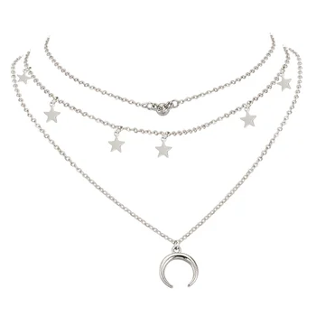 Latest fashion retro chain jewelry cheap wholesale Women's multi-layer diamond five-pointed star and moon pendant necklace