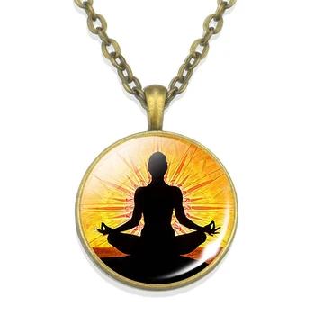 Vintage Glass Dome Necklace Buddhism Chakra Glass Cabochon Pendant Jewelry Om India Yoga Mandala Necklaces For Women Men Gift