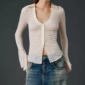 Wisrise Fashion Custom OEM & ODM Fashionable Women's Cream Sheer Lace Button Front With Textured Pattern Top