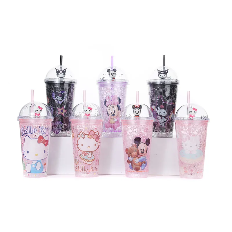 Factory Custom Cartoon Anime Reusable Double Wall Water Bottle Frosted Plastic Coffee Cup with Lid and Straw
