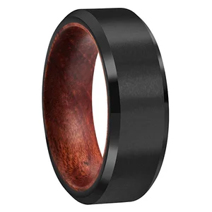 Coolstyle Jewelry 8mm Wholesale Beveled Natural Koa Wood Inlay Black Tungsten Ring for Men Women Fashion Engagement Wedding Band