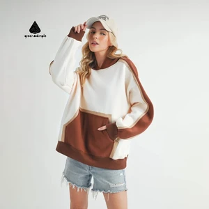 Custom Casual Kangaroo Pocket Heavy Weight Brown and Ivory Color Block Contrast Pullover Hoodie Winter Autumn Pullover Hoodie