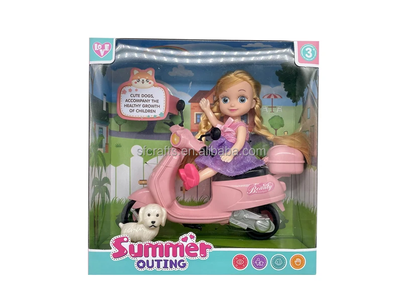 婴儿塑料迷你女孩娃娃玩具套装摩托车为孩子们假装与狗玩游戏