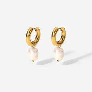 MW French Style Stainless Steel Hoop Earrings Imitation Pearl Gold Plated Vintage Women's 16cm Length