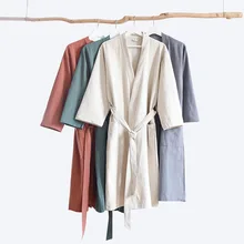 Custom Logo Unisex Pure Linen Mid Length Kimono Robes Pajama Lightweight Long Sleeve Luxurious Bathrobe for Hot Spring Hotel Spa