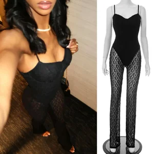 Viviblook C25JP067 Women's Sexy Lace Strapless Suspender Backless Mesh See Through Casual Jumpsuits for Ladies Bodycon