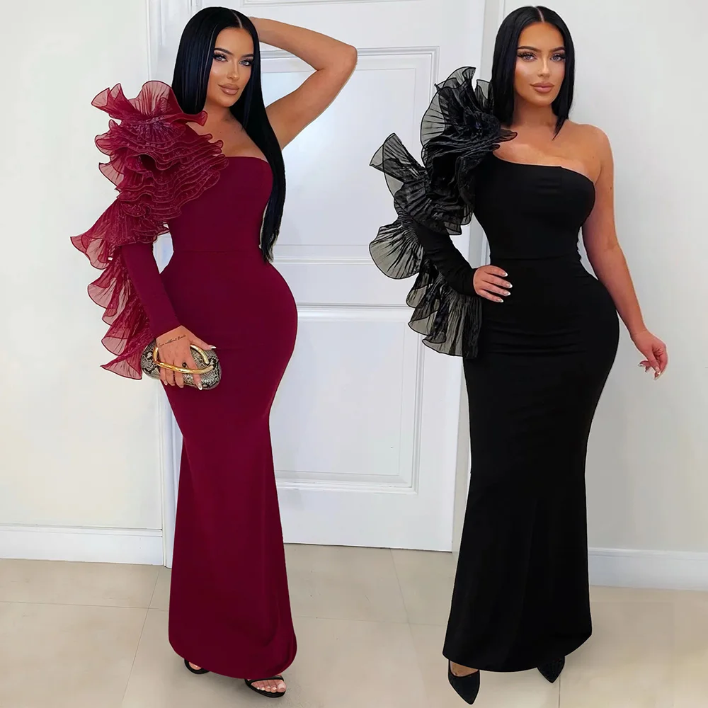 Fast Shipping CY902050 One Shoulder Ruffle Maxi Dress Stretchy Slim Fit Evening  Dress for Nightout Club Dressing 2026| Alibaba.com