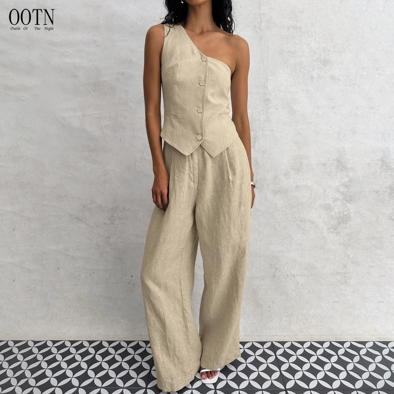 Khaki Two-Piece Set with Asymmetrical Top and Loose Pants