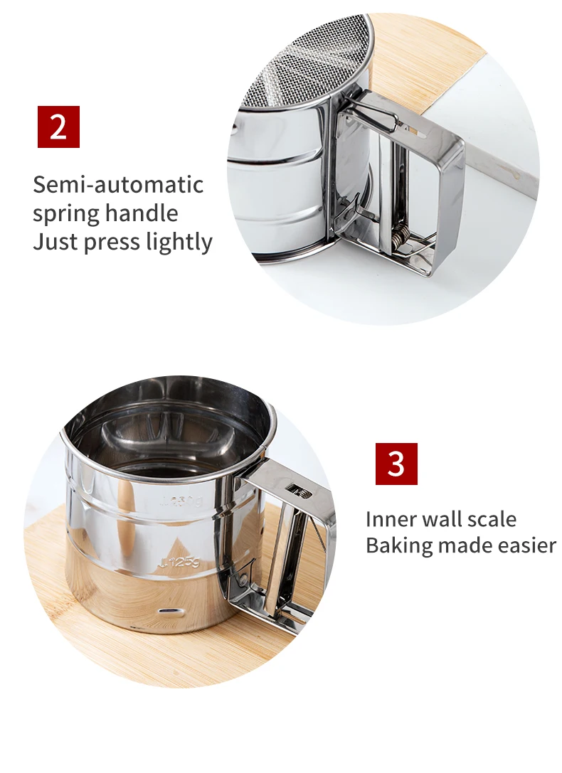Stainless Steel Shaker Sieve Cup Mesh Crank Flour Sifter with Measuring Scale for Flour Icing Sugar