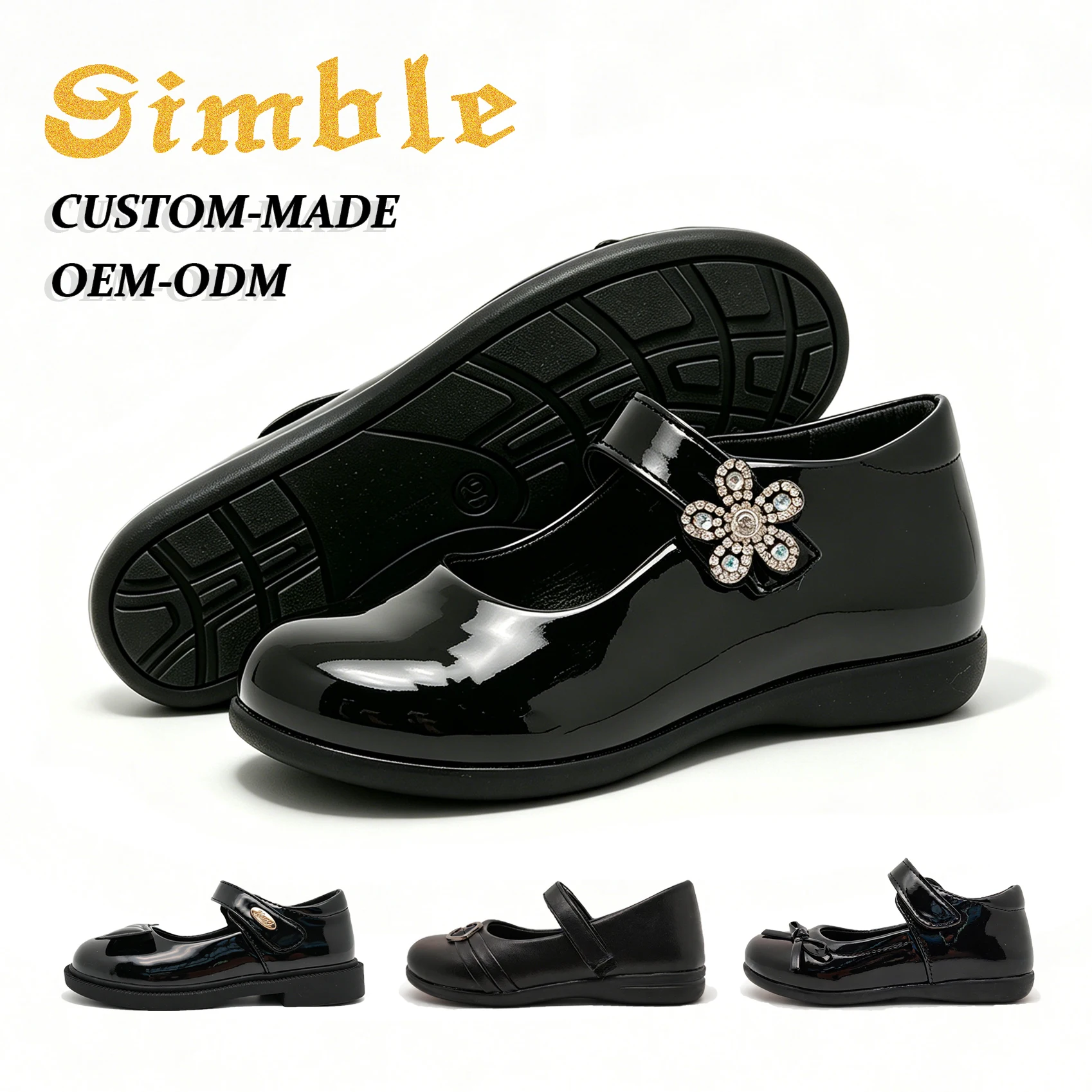 Factory Custom Logo Children Student Shoes Rubber Floral Design Kids Black School Shoes Girls Leather Shoes