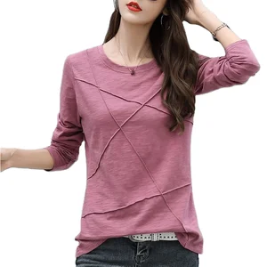Autumn Korea Design Slim Women's O-Neck Casual Long-Sleeve Pullover Shirt Solid Color Plain Dyed Irregular Line