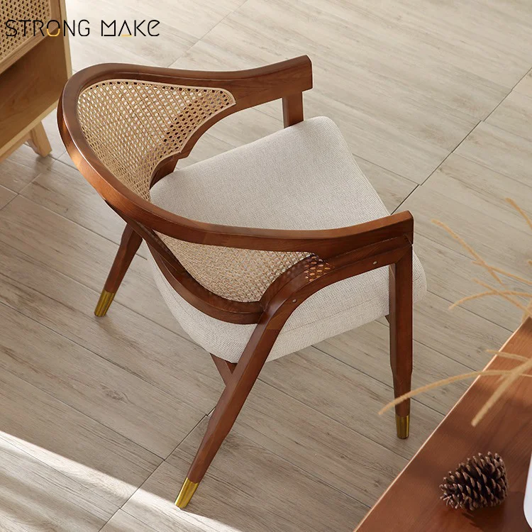 European Scandinavian Design Reproduction Solid Wood Antique Nordic Rattan Vintage Restaurant Dining Chair With Cushion