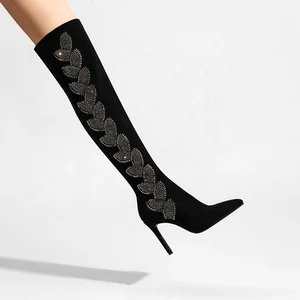 Custom Women's Black Faux Suede Over-the-Knee Boots with Rhinestone Cutout 10.5cm Heel Zip Closure Pointed Toe for Winter Autumn