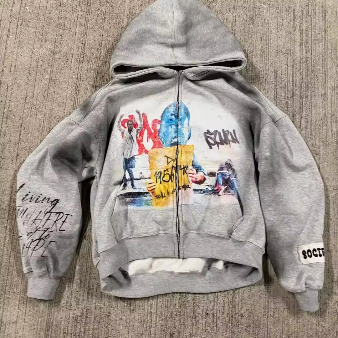 Custom Street Wear Rhinestone Pullover Hood Jacket Print Oversized French Terry Heavyweight Vintage Acid Wash Distressed Hoodie